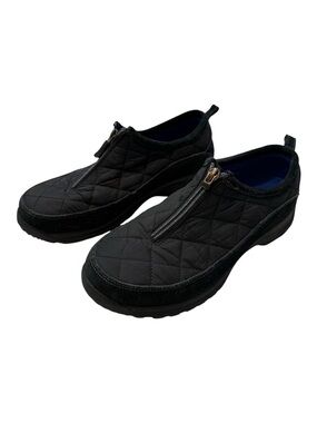 Lands End Black Suede Moc Quilted Zipper Slip On Shoes Size 8